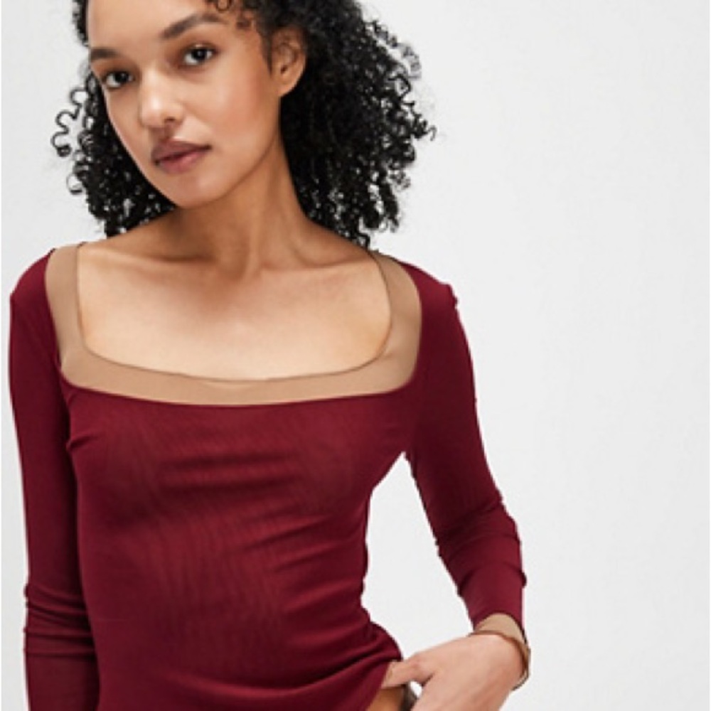 Free People Burgundy Long Sleeve Square Neck Top with Tan Trim Accent